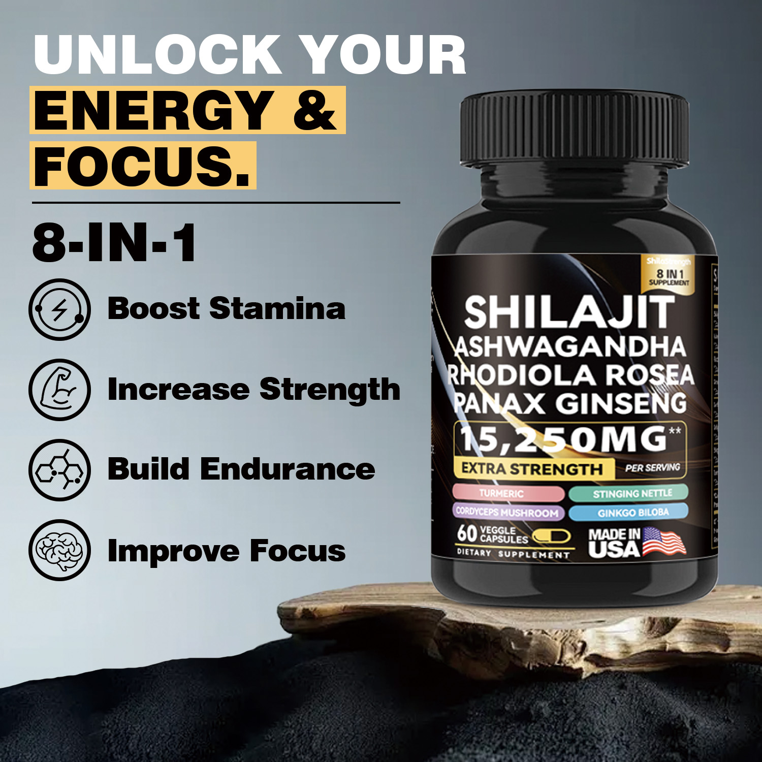 DUOZI Shilajit Extract Capsules 8-in-1 Adaptogen Blend