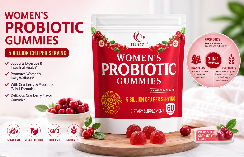 DUOZI cranberry flavored women’s probiotic gummy supplement
