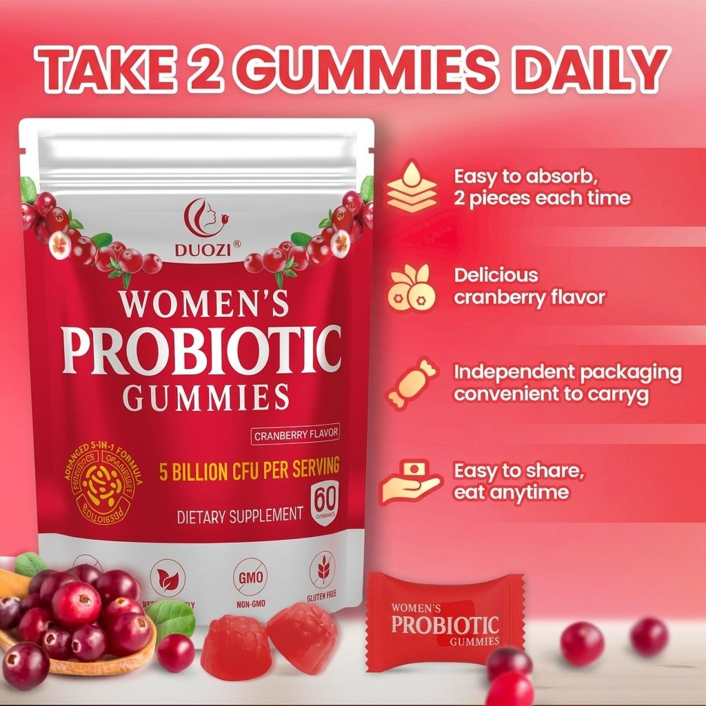 DUOZI cranberry flavored women’s probiotic gummy supplement
