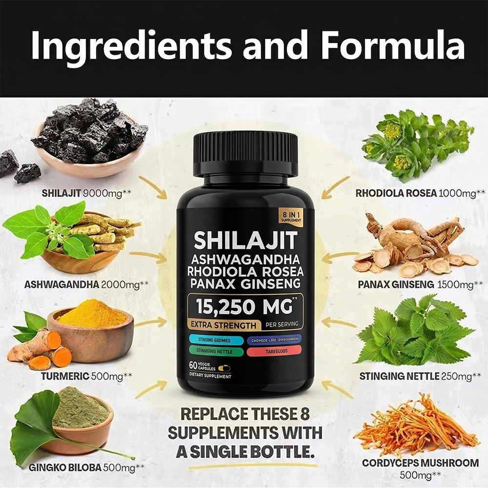 DUOZI Shilajit Extract Capsules 8-in-1 Adaptogen Blend