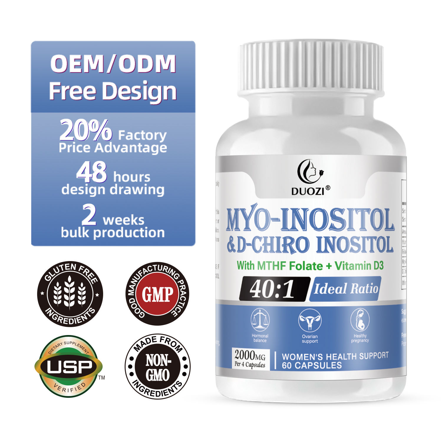 Myo & D-Chiro Inositol Blend, 40:1 Ratio with MTHF Folate & D3, Hormonal Balance Support Capsules